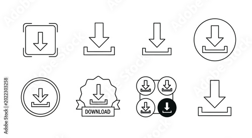 Set of minimalist black download icons on white background