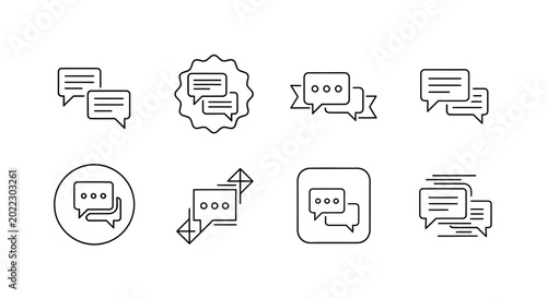 Set of eight minimalist speech bubble line icons for communication