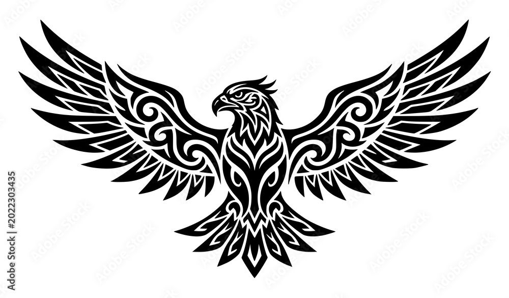 Fototapeta premium Stylized Tribal Eagle Tattoo Vector Art Featuring Majestic Flying Bird of Prey Silhouette with Intricate Ornamental Wing Patterns for Biker Merchandise Designs