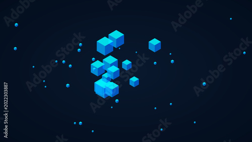 Tableau sur toile Scattered blue cubes in isometric view against a dark digital background with is