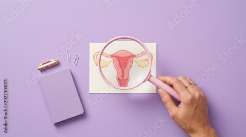 A hand draws a detailed illustration of a female reproductive organ on a white paper with a pencil.