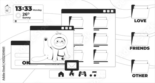 Cute retro desktop interface lo fi line illustration. Kawaii cat UI window. Y2K vaporwave computer folders. Weather widget. Black and white LoFi aesthetic wallpaper. Flat vector outline cartoon art