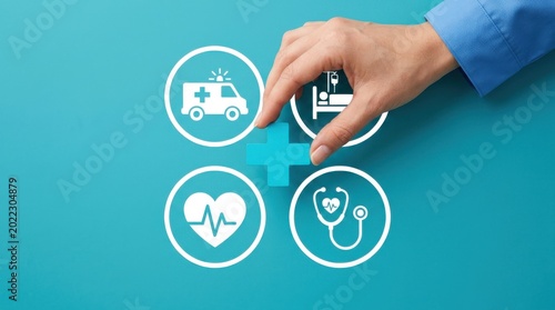 A healthcare professional interacts with medical icons on a digital interface