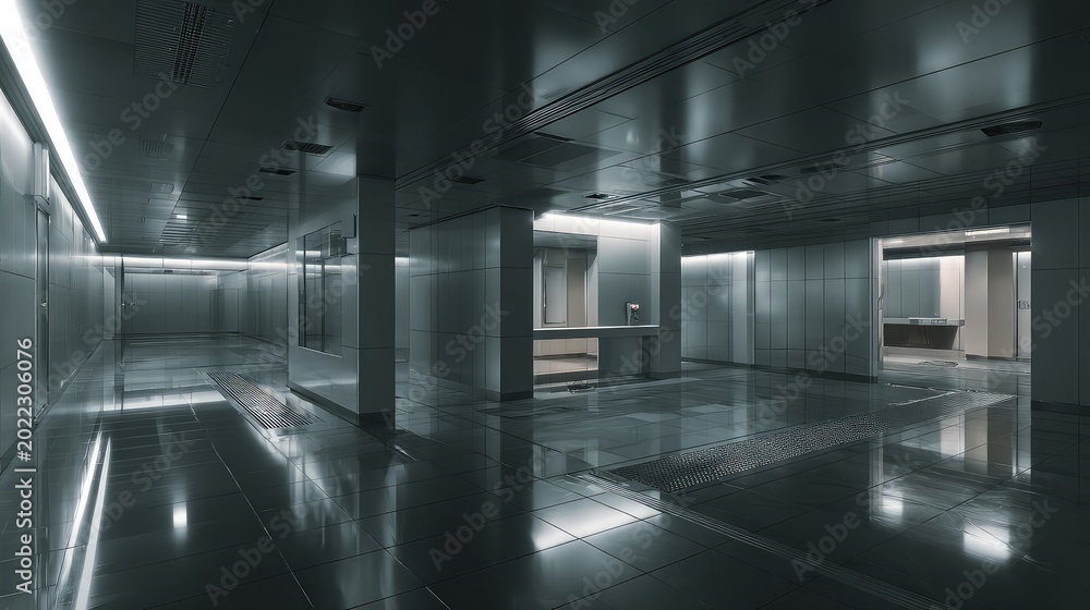 Fototapeta premium Clean architectural space featuring a futuristic modern hallway with metallic surfaces, minimalist design, and cold lighting, creating an empty, imposing building interior