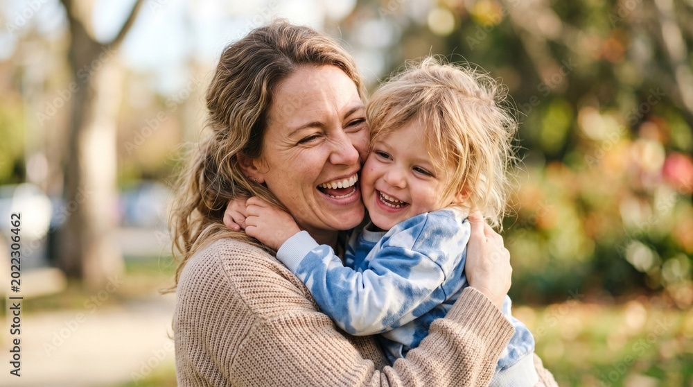 Fototapeta premium Mother and child hugging and laughing outdoors in autumn park