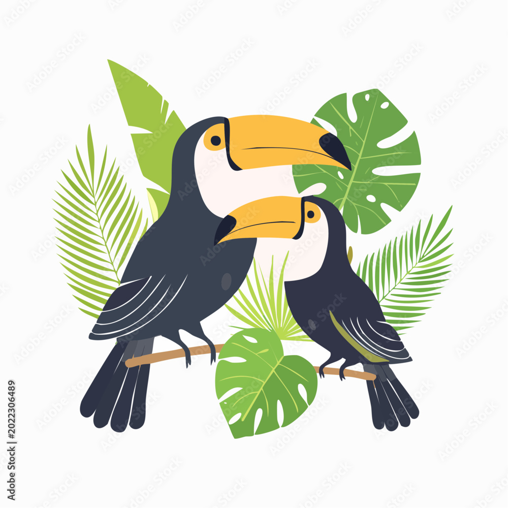 Obraz premium Two Toucans Perched Among Tropical Leaves