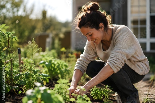 Young Woman Gardening in Backyard Vegetable Garden During Sunny Afternoon