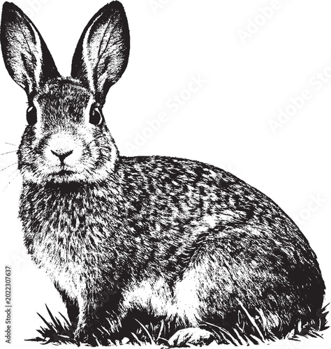 Vintage black and white rabbit vector illustration. Detailed hand-drawn hare or bunny portrait isolated on white background. Retro wildlife animal engraving style.