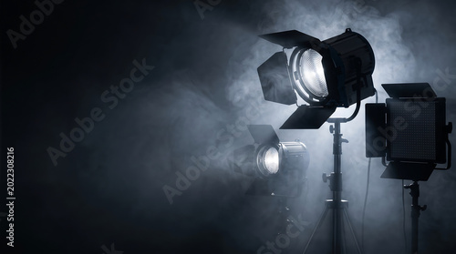 Professional theater spotlights and cinema lighting equipment shining through fog on a dark stage for dramatic movie production