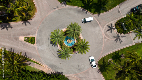 Elegant Palm Fountain Roundabout with palm trees and water fountain in the middle	