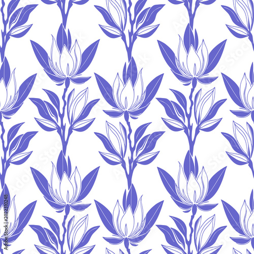 Fotografía seamless blue graphic floral pattern on white background, texture