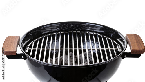 Fotografía Isolated black round charcoal barbecue grill with chrome cooking grate and woode