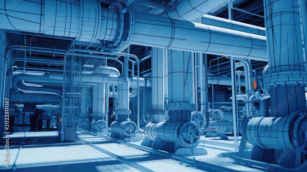Naklejka premium Industrial pipeline schematic in blue tones showing piping, valves and structural framework of a modern manufacturing plant, highlighting process flow, control systems and infrastructure