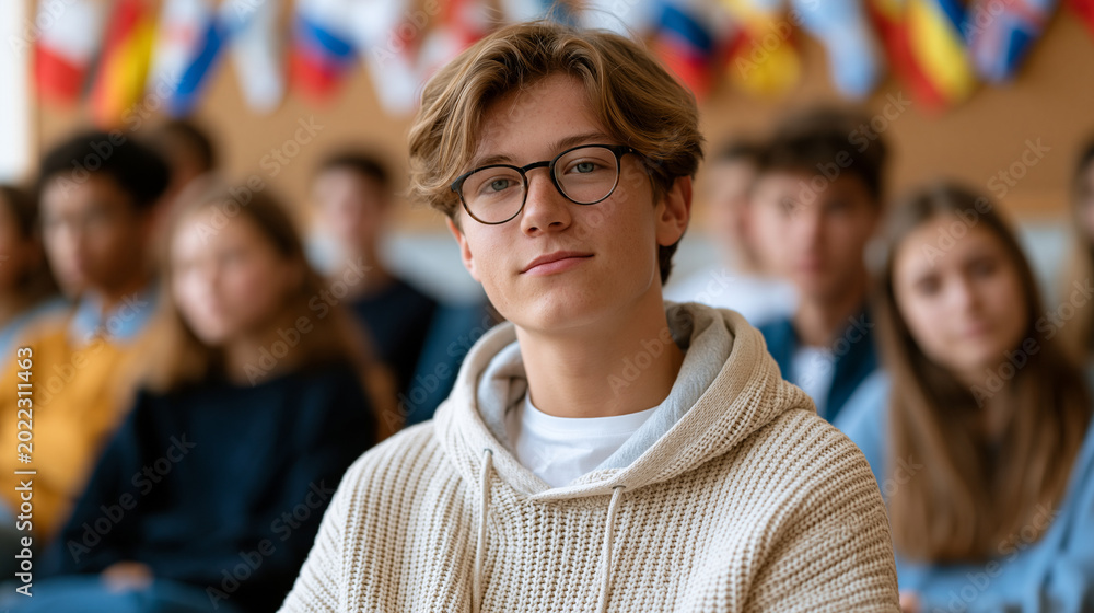Obraz premium High school students from twelve countries participating in a structured cultural exchange workshop in a minimalist university seminar room, flags pinned to a corkboard, handwritten presentations be