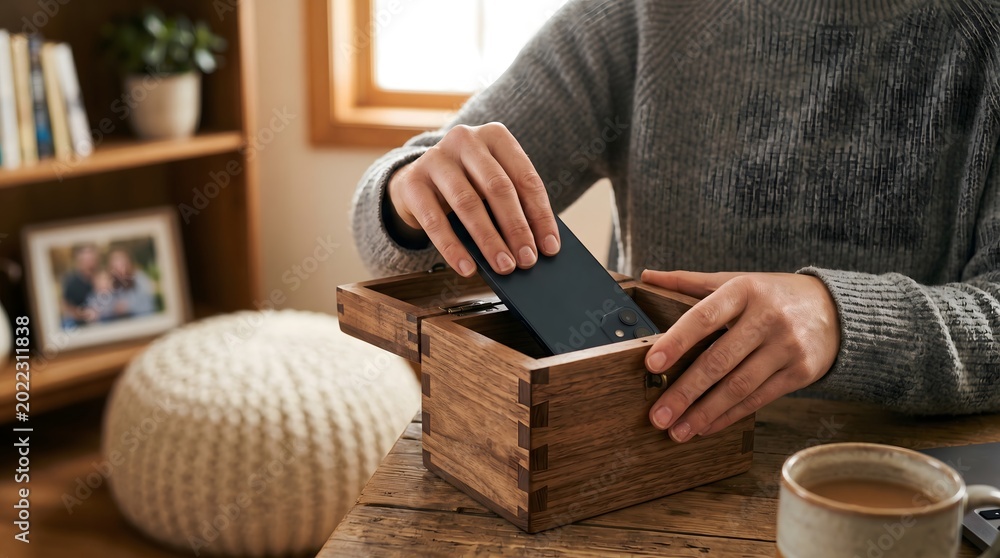 Obraz premium Mindful productivity at home office scene with person placing smartphone in wooden box for digital detox. Focus on work with copy space and calm mood and lighting.