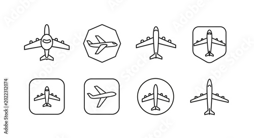Set of plane icons in various shapes for travel and transport