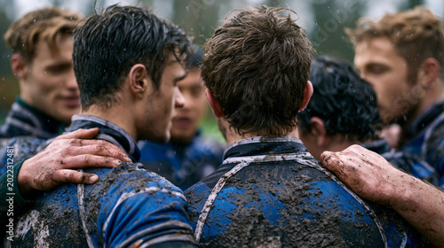 Rugby squad locked in a post-match huddle on a rain-soaked pitch, mud-streaked jerseys pressed together, voices rising in unison, raw brotherhood captured in stillness, perfect for team sports, cama