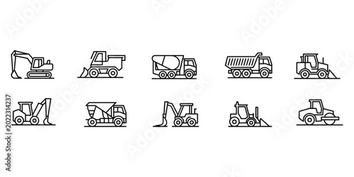 Photos Collection of black line construction vehicles and equipment truck excavator in