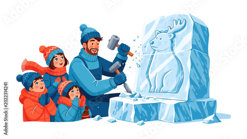 Foto Ice Sculpture: A skilled artist, assisted by his family, meticulously chisels an enchanting sculpture of an animal from a massive block of ice