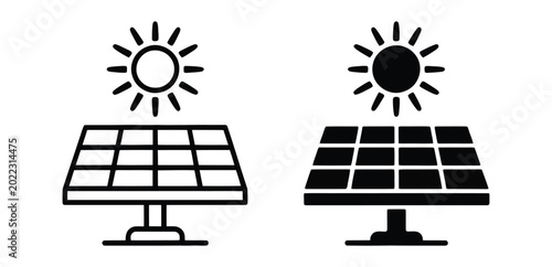 Sun shining on solar panels icon for clean energy solution
