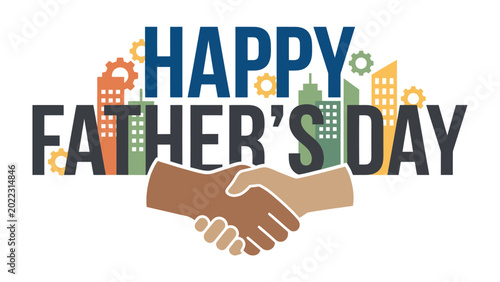 Foto Father's Day Illustration: A vibrant illustration for Father's Day, featuring a heartfelt message above an embrace of hands amidst an urban cityscape