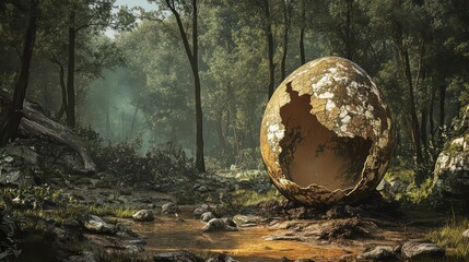 The remnants of a dinosaur egg shell placed in a forest, from which a dinosaur has hatched, leaving behind only the shell of the egg.