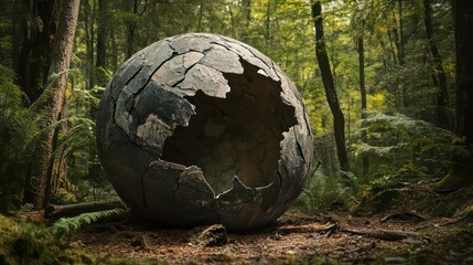 The remnants of a dinosaur egg shell placed in a forest, from which a dinosaur has hatched, leaving behind only the shell of the egg.