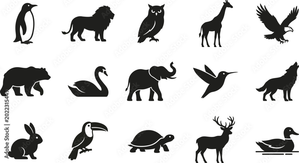 Fototapeta premium Black silhouettes of 16 different animals on white background, including mammals, birds, and reptiles