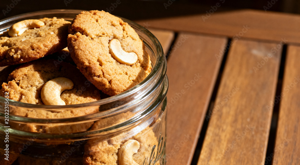 Fototapeta premium Sweet cashew cookies arranged in jar on table