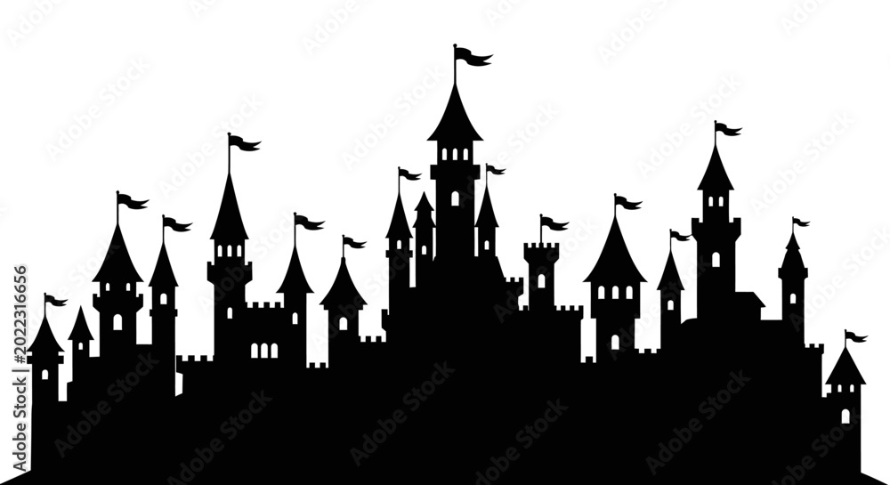 Fototapeta premium Castle silhouette with flags black on white background
