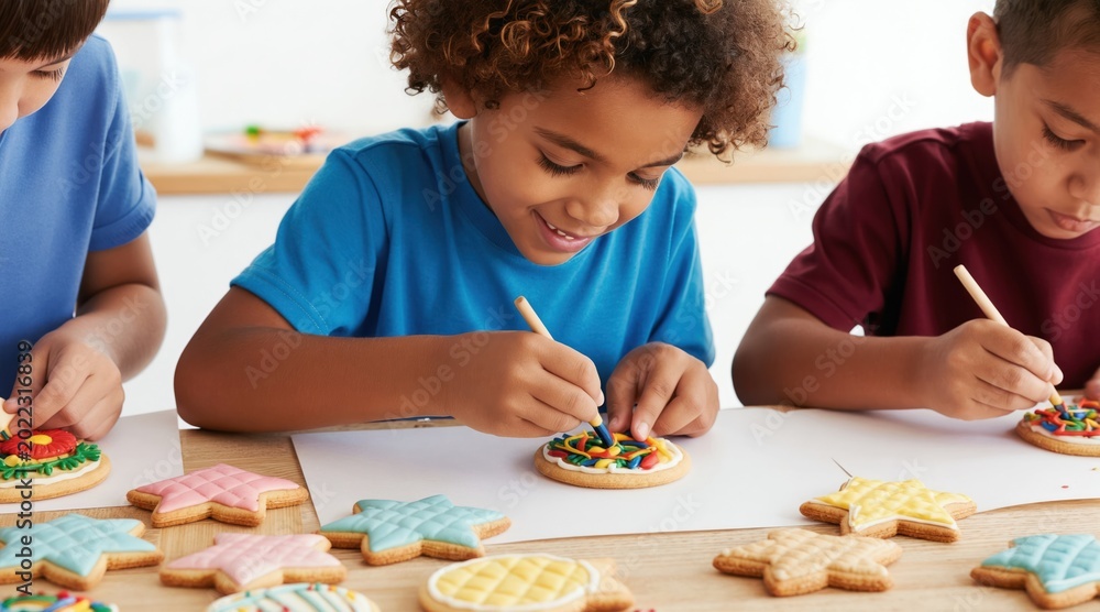 Obraz premium Kids decorate cookies using icing, sprinkles at fun learning workshop. Children create sweet treats, practicing culinary art, coordination skills. Engaged young friends enjoy playful creative baking