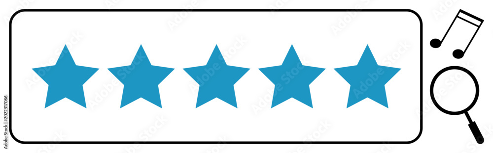 Obraz premium Five-star rating concept. Stars, search magnifier, and music note user reviews, feedback processes, and ratings. Five-star rating improves quality assessment, user reviews and engagement. For music