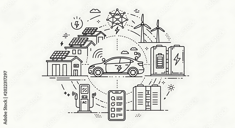 Naklejka premium Electric vehicle charging infrastructure and renewable energy sources in a sustainable community setting