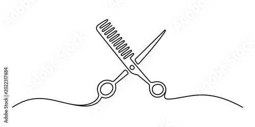 Konstfotografi Continuous single line drawing of professional barber scissors and hair comb cro