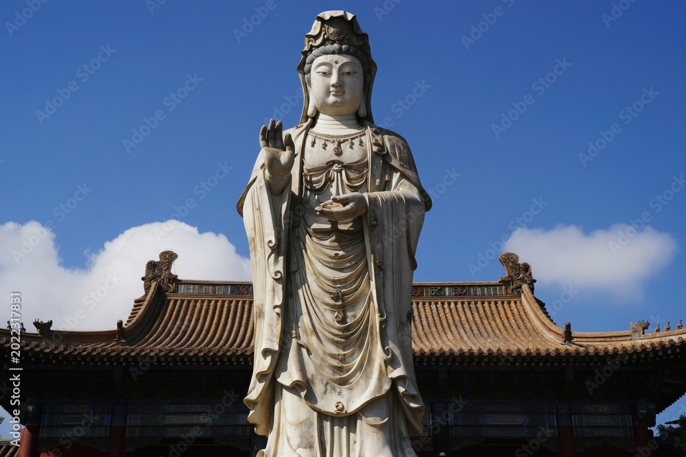 Fototapeta premium White marble statue of Guan Yin stands tall before traditional Chinese temple architecture. Clear blue sky with scattered clouds forms background. Stone deity holds hand up in blessing gesture.