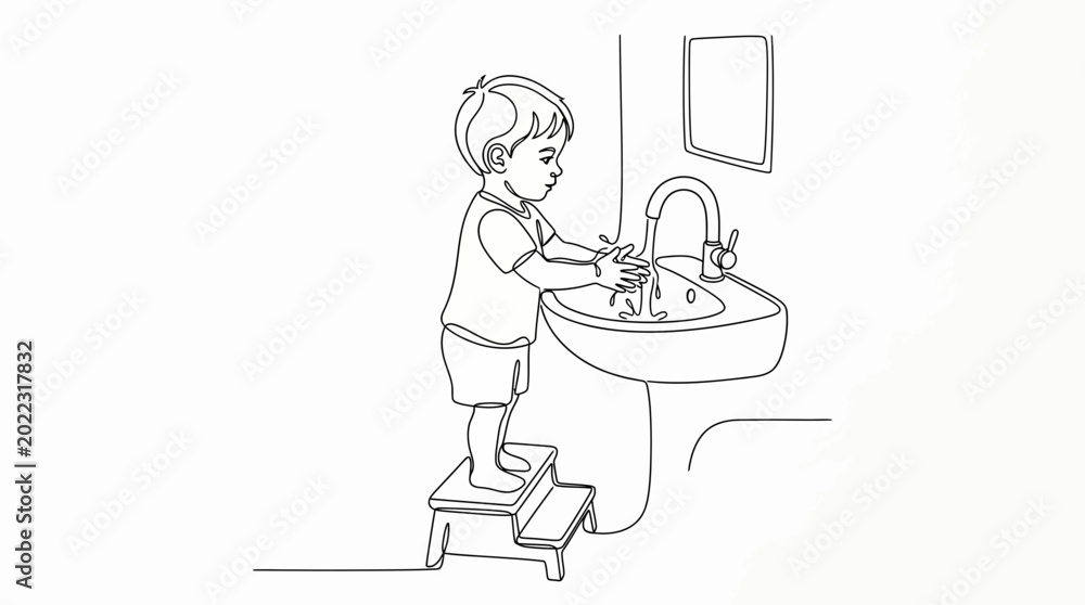 Fototapeta premium Line art illustration of a young boy washing his hands at a bathroom sink.