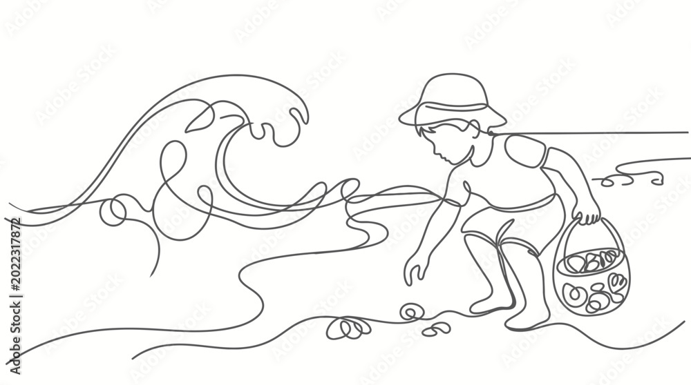 Obraz premium One line drawing of a child collecting seashells on the beach.