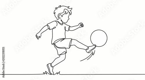 Φωτογραφία Continuous line drawing of a young boy kicking a soccer ball.