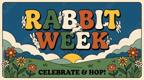 Bold Rabbit Week Typography Poster with Playful Hopping Rabbits and Meadow Vector Illustration