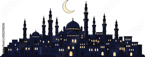 Fotografia Isolated on Night ancient Arabic city vector art on white background
