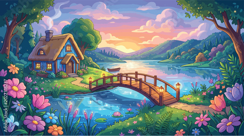 Whimsical cottage, serene landscape, colorful flowers, peaceful bridge, sunset scenery