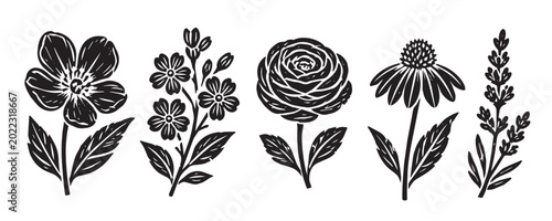 Fotografía Flower floral vector with linocut art design and illustration vintage stamp