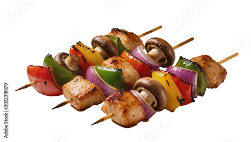Tableau sur toile Isolated grilled chicken and vegetable shish kebabs on wooden skewers, ready to