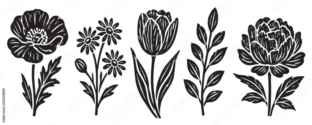 Fototapeta premium Flower illustration floral with linocut art vector for vintage design black. Stamp pattern nature with flower graphic woodcut for texture garden print. Logo plant flower with drawing linocut