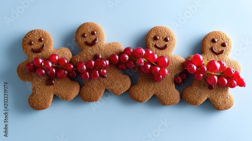 Gingerbread Cookies with Cheerful Faces and Fresh Red Berries on a Soft Blue Background