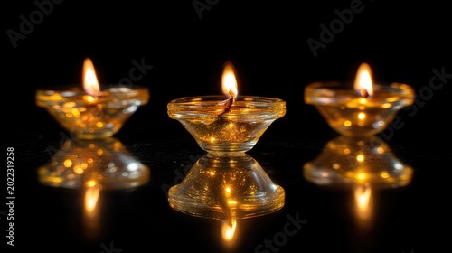 Three Glowing Candle Holders with Flickering Flames Reflecting in Dark Background