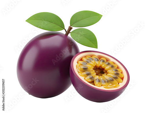 Whole and Halved Passion Fruit with Leaves