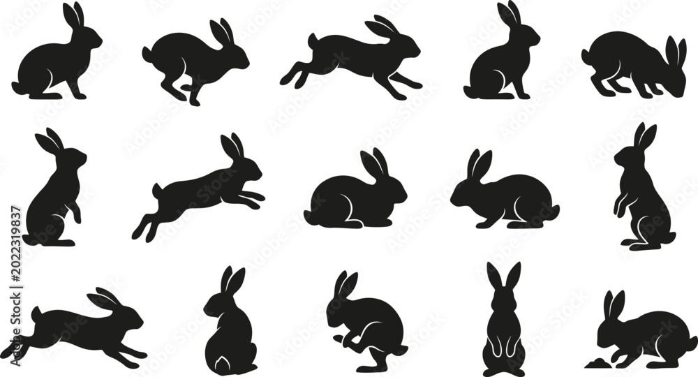 Fototapeta premium Black silhouettes of rabbits in various poses, running and sitting, on white background