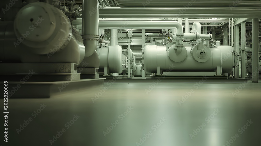 Fototapeta premium Industrial plant with numerous interconnected pipelines, production machinery, and complex infrastructure components, conveying fluids and gases within a modern manufacturing facility