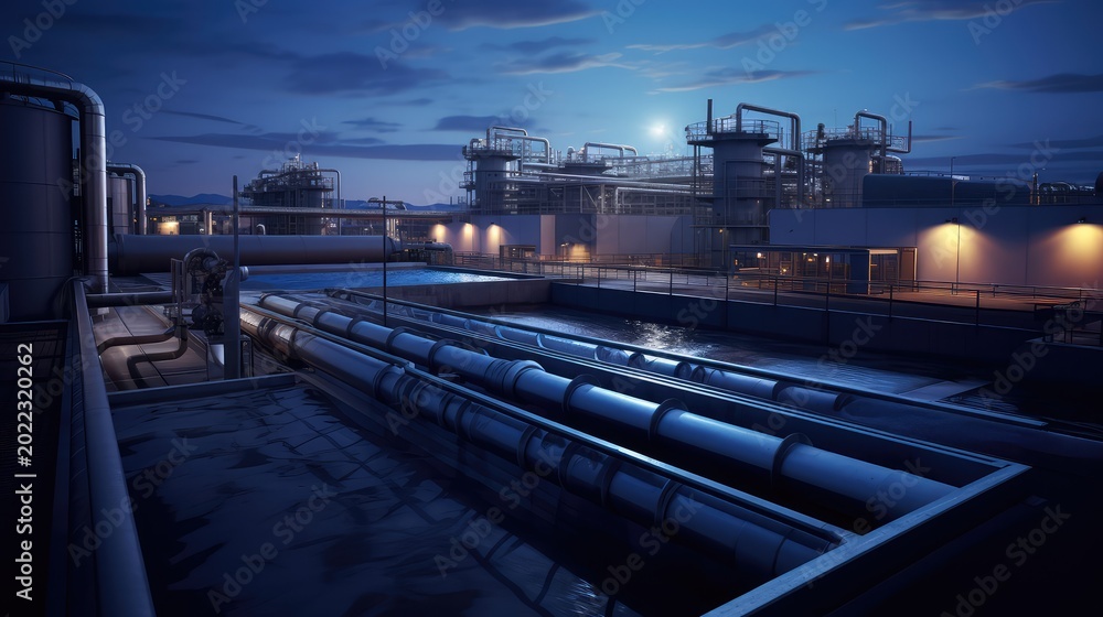 Naklejka premium Industrial water treatment plant with pipelines and tanks operating at twilight, handling essential infrastructure for urban and environmental sustenance